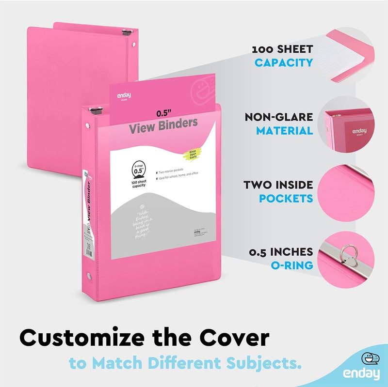 Enday ½ Inch 3 Ring Binder .5 inch Pink Clear View Cover with 2 Inside Pockets, Colored School Supplies Office and Home Binders – by - Image 5